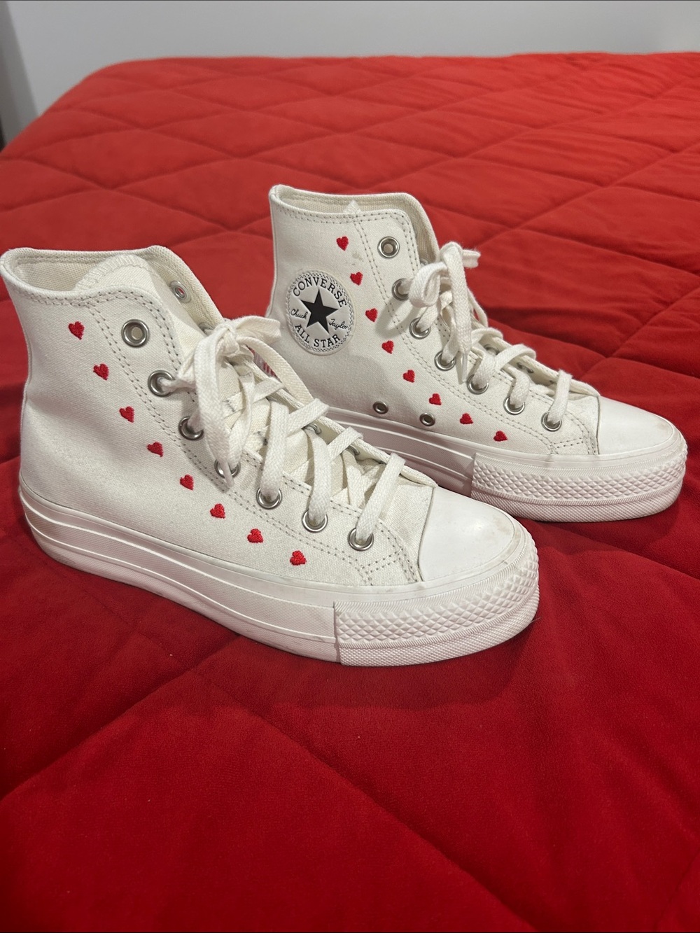 Converse White High-Top Sneakers with Red Heart Details